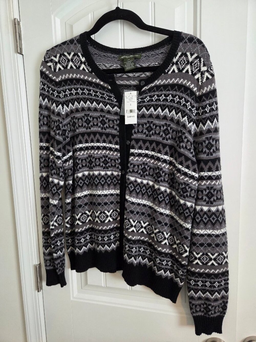 New with tags, Eddie Bauer Fair Isle Cardigan, Black pattern, Large